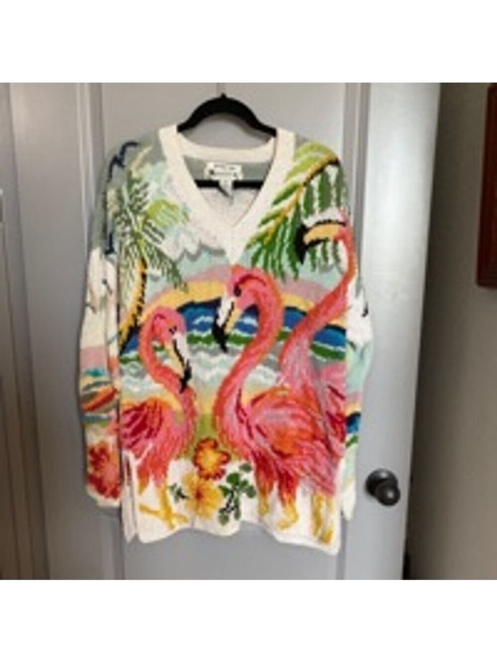 Women's Knitting Needle Sweater Size M White Pink Flamingo
